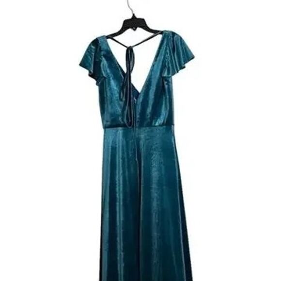 NWT After Six Lux Velvet Flutter Sleeve V Neck Maxi Dress Pockets 6 Dutch Blue - Picture 7 of 15